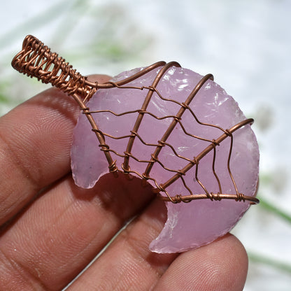 Natural Rose Quartz Crescent Moon Gemstone -Copper Wire Wrapped Pendant Jewelry(23x52x4mm,/60ct)