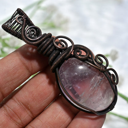 Beautiful Rose Quartz Tree Of Life Pendant-Oxidise Copper Wire Wrapped Gemstone Jewellery(22x70x10mm,/137ct)