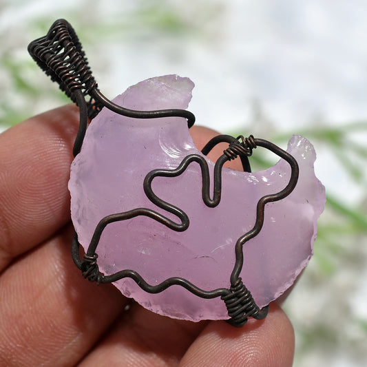 Mystical Rose Quartz Crystal Pendant –Wire Wrapped Crescent Moon Gemstone(26x50x5mm,/59ct)