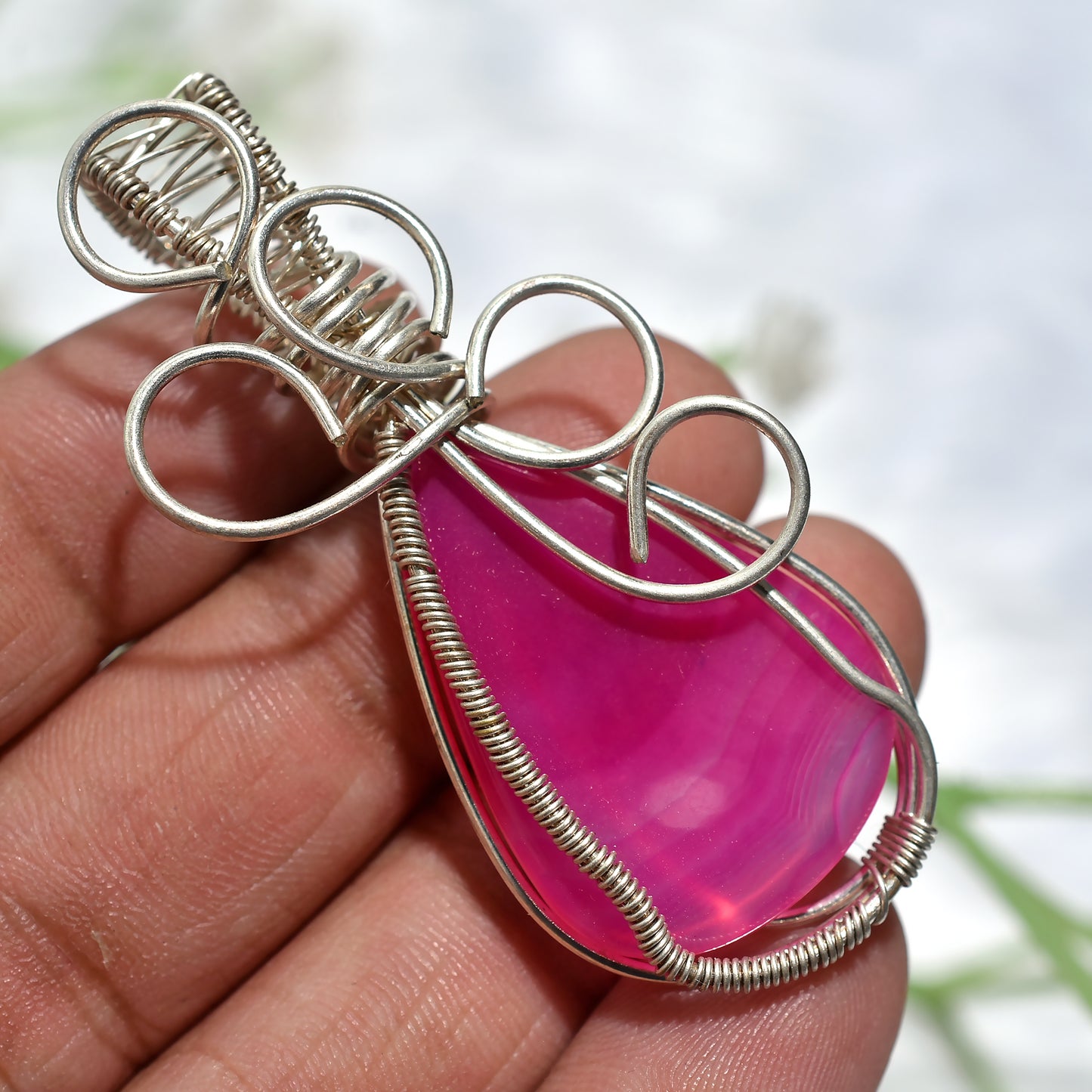 Magical Pink Agate Stone Pendant – Handwoven Silver Wire Wrapped Healing Crystal(22x55x5mm,/48ct)