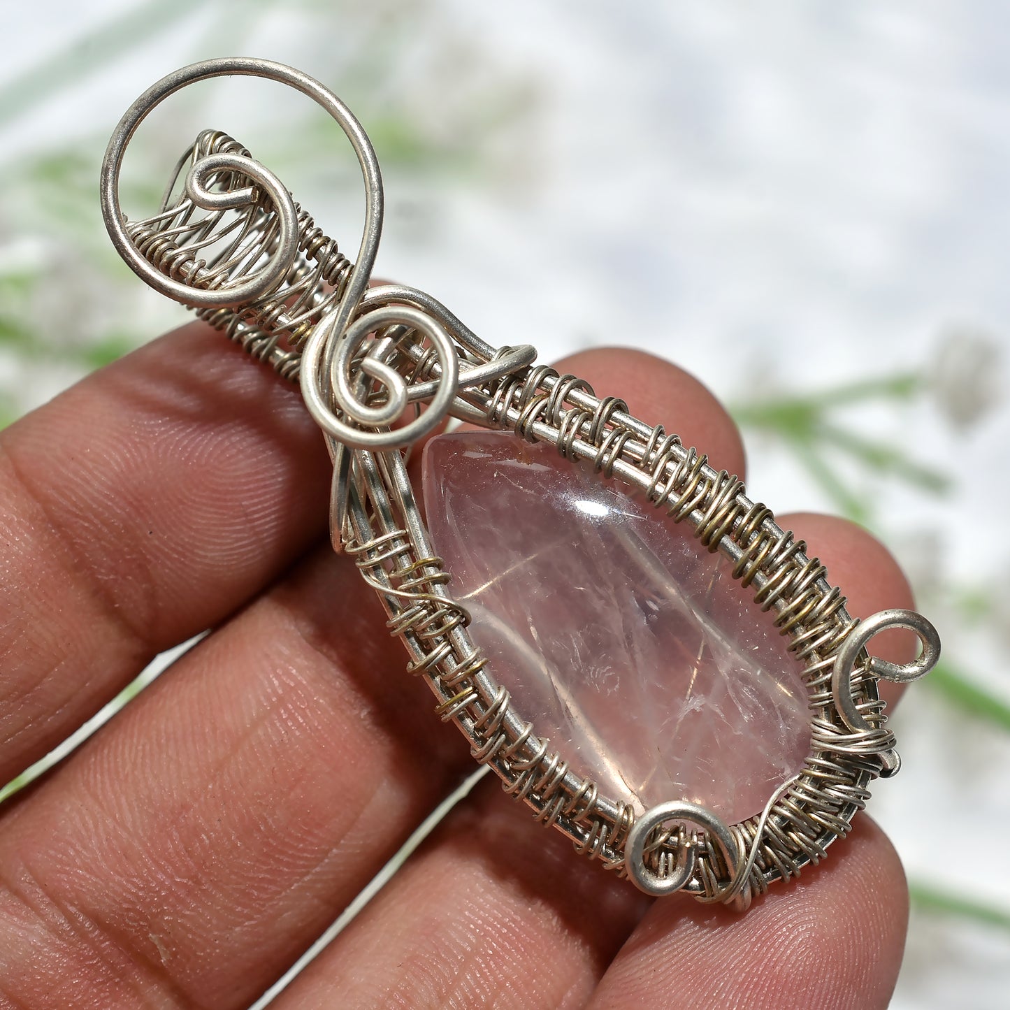 Ethereal Rose Quartz Wire Wrapped Pendant – Handcrafted Love Crystal Stone (22x55x6mm,/51ct)