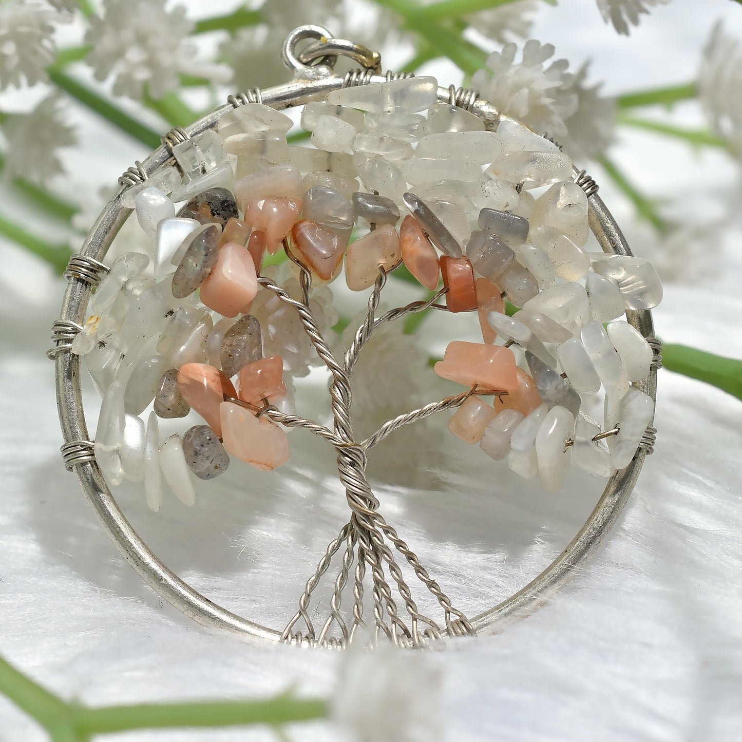 Awesome Peach Moonstone & White Crystal  Tree of Life Pendant – Bohemian Silver Wire Wrapped Jewelry(42x50x4mm,/51ct)