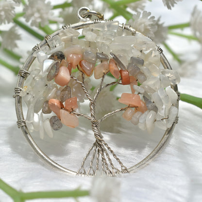 Awesome Peach Moonstone & White Crystal  Tree of Life Pendant – Bohemian Silver Wire Wrapped Jewelry(42x50x4mm,/51ct)