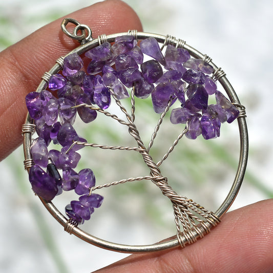 Gorgeous Amethyst Pendant - Silver Wire Wrapped Tree of Life Designer Gemstone Jewelry (41x49x5mm,/40ct)