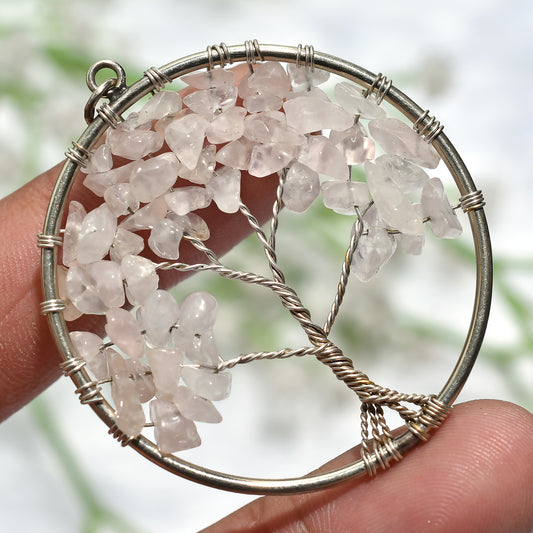 Handcrafted Rose Quartz Tree of Life Pendant – Metaphysical Gemstone Jewelry (40x49x5mm,/41ct)