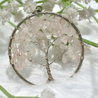 Handcrafted Rose Quartz Tree of Life Pendant – Metaphysical Gemstone Jewelry (40x49x5mm,/41ct)