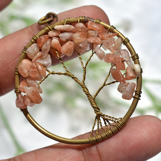 Tree of Life Pendant with Sunstone Chips – Spiritual Fashion Jewelry(43x50x5mm,/42ct)