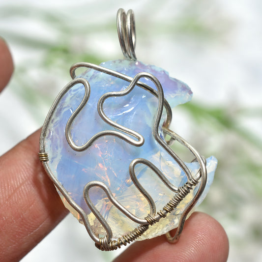 Luminous Opalite Wire Wrapped Pendant – Handmade Artisan Stone Jewelry(25x45x6mm,/59ct)