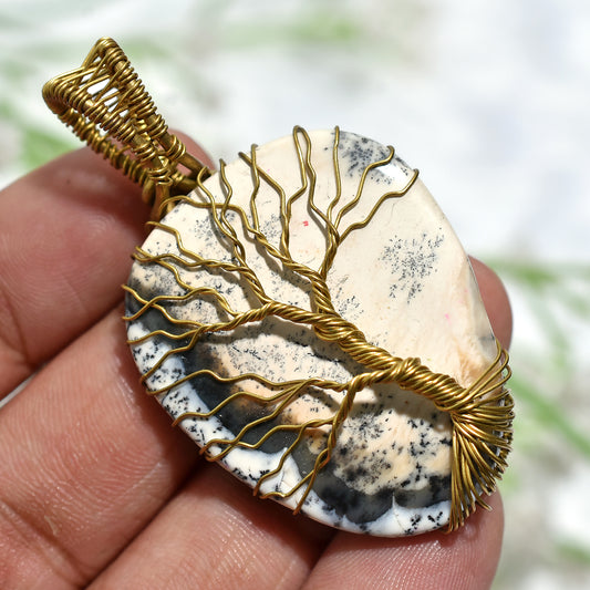 Elegant Dendrite Opal Pendant – Spiritual Golden Wire Wrapped Healing Stone (30x50x4mm,/54ct)