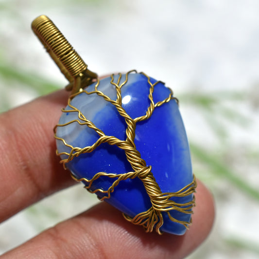 Ocean Blue Agate Pendant – Spiritual Energy Healing Wire Wrap Stone Necklace (20x45x5mm,/41ct)