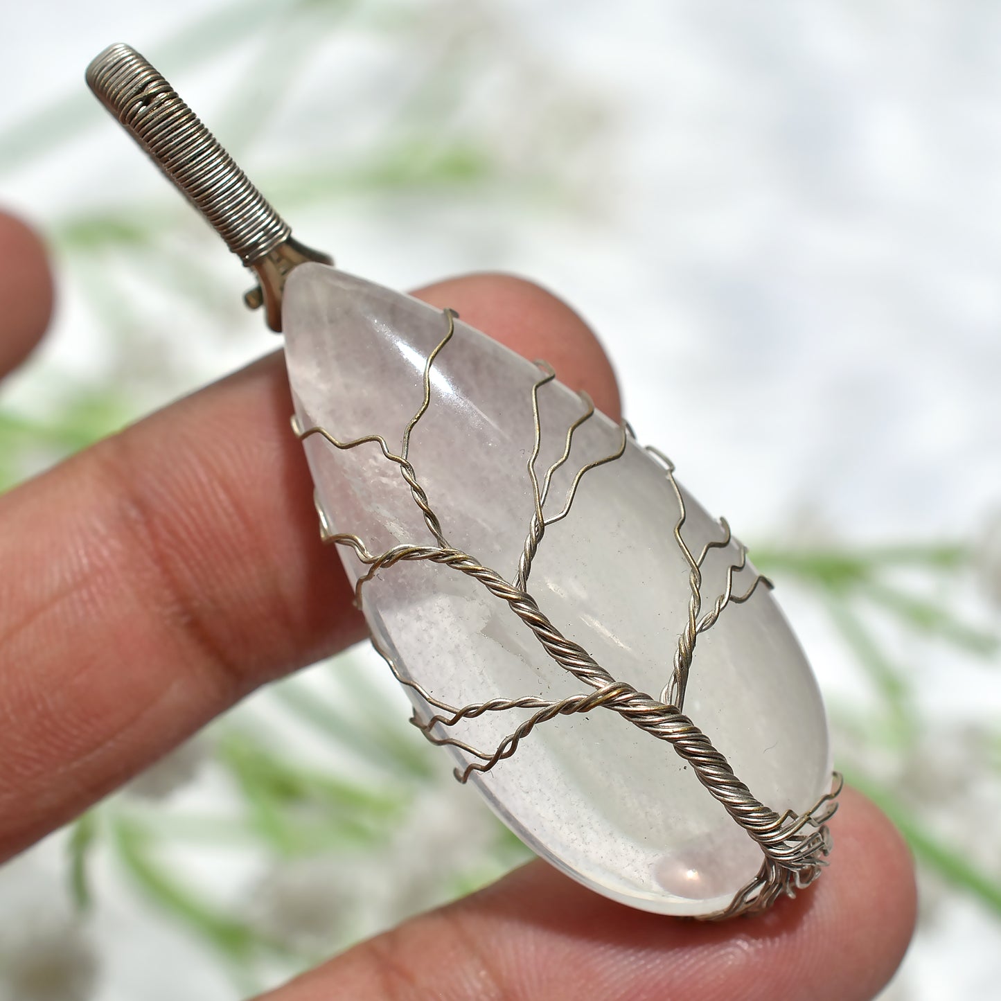 Genuine Rose Quartz Pendant – Handcrafted Wire Wrap Gemstone for Jewelry (18x55x6mm,/62ct)