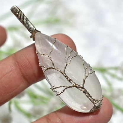Genuine Rose Quartz Pendant – Handcrafted Wire Wrap Gemstone for Jewelry (18x55x6mm,/62ct)