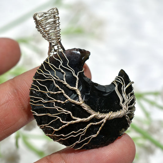 Elegant Black Opalite Pendant – Handcrafted Wire Wrapped Gemstone(20x50x5mm,/65ct)