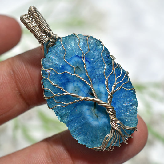 Sparkling Blue Solar Quartz Pendant – Wire Wrapped Healing Gemstone Necklace(22x45x6mm,/52ct)