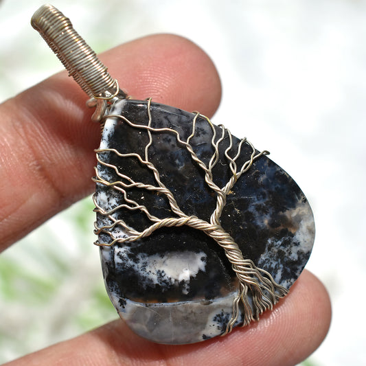 Natural Dendritic Agate Pendant – Tree of Life Wire Wrapped Gemstone Jewelry(28x45x5mm,/41ct)