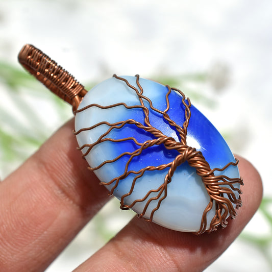 Elegant Blue Botswana Agate Pendant – Spiritual Energy Healing Wire Wrap Stone Necklace