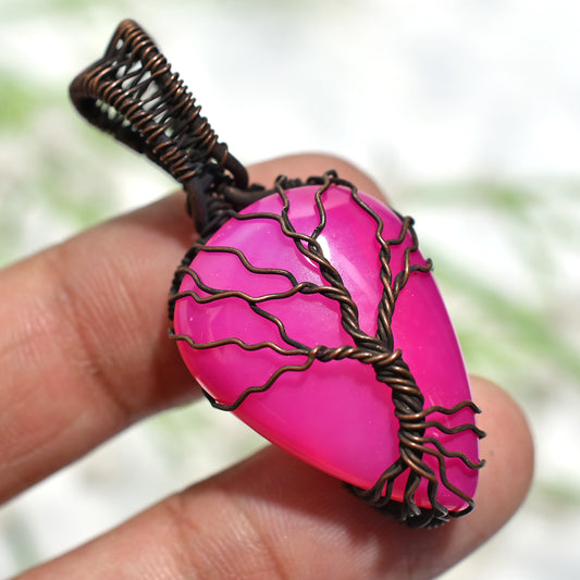Fuchsia Pink Agate Tree of Life Pendant – Oxidise Copper Wire Wrap Gemstone Jewelry(18x43x5mm,44/ct)