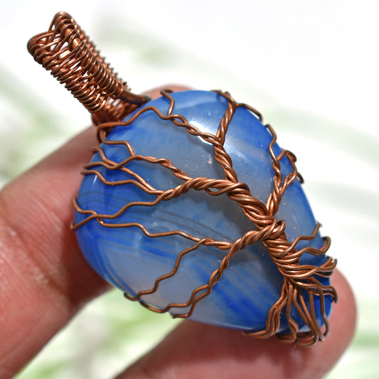 Attractive Blue Botswana Agate Pendant – Copper Wire Wrap Stone Necklace(25x43x7mm,/52ct)