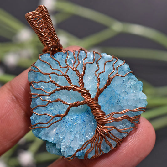Stunning Blue Crystal Solar Quartz Pendant – Handmade Wire Wrapped Necklace(35x50x8mm,/83ct)