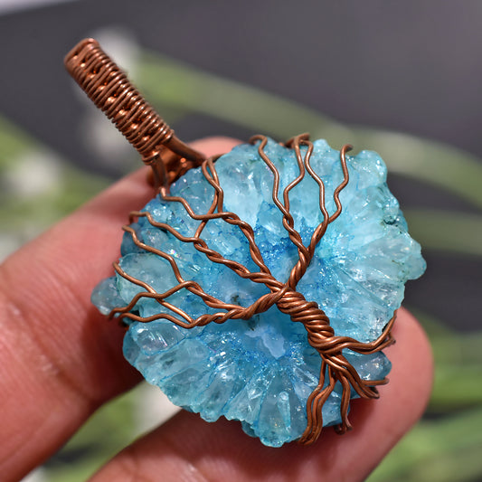 Mystical Blue Druzy Quartz Pendant – Wire Wrapped Energy Stone Necklace(25x40x7mm,/48ct)