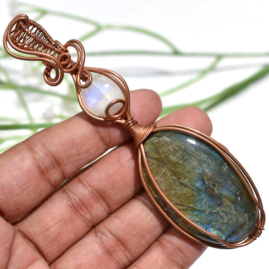 Labradorite & Moonstone Pendant – Copper Wire Wrapped Healing Crystal(28x111x10mm,/175)