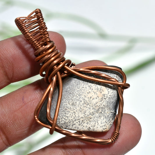 Unique Dendrite Agate Pendant – Copper Wire Wrapped Gemstone Jewelry(35x57x5mm,/57ct)