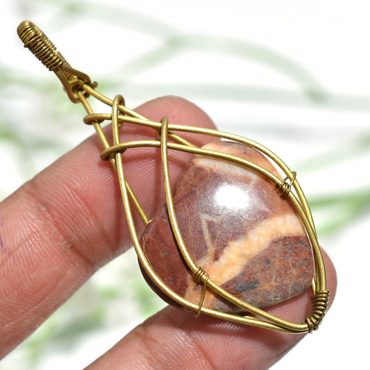 Handcrafted Coconut Red Jasper Pendant – Wire Wrapped Boho Heart Gemstone Necklace(25x60x5mm,/37ct)