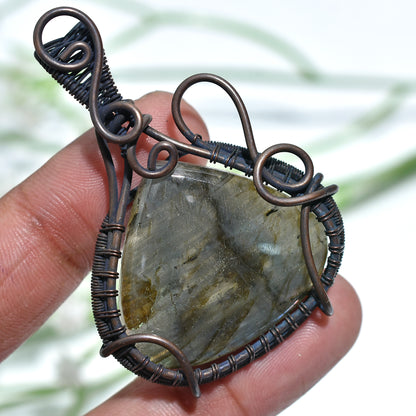 Rustic Copper Wire Wrapped Pendant – Labradorite Gemstone Tree of Life Crystal Jewelry(36x55x5mm,/82ct)