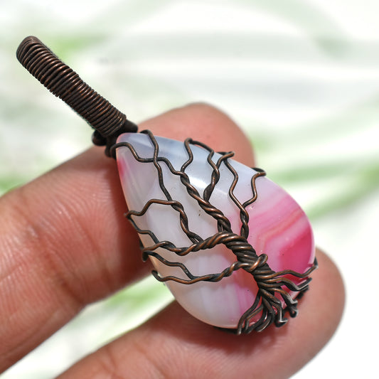 Elegant Pink Botswana Pendant – Oxidise Copper Wire Wrap Gemstone Jewellery (17x40x7mm,/36ct)