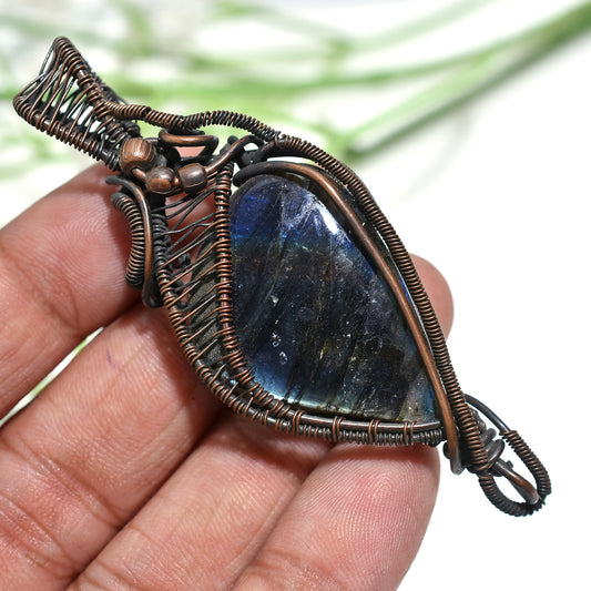 Glowing Blue Labradorite Tree of Life Pendant – Copper Wire Wrapped Stone Jewelry( 27x73x8mm,/84ct)