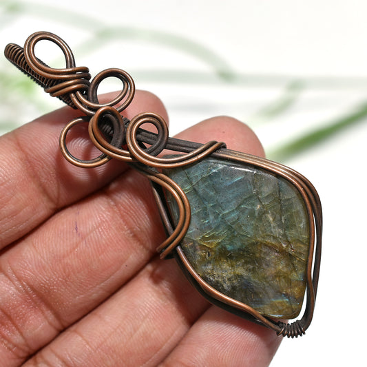 Golden Flash Labradorite Gemstone Necklace – Tree of Life Wire Wrapped Pendant(24x65x6mm,/73ct)
