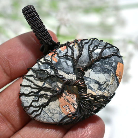 Handmade Maligano Jasper Wire-Wrapped Tree of Life Pendant – Unique Boho Jewelry(45x50x6mm,/102ct)