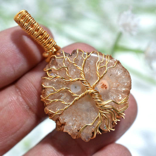 Natural Solar Quartz Pendant – Golden Wire Wrapped Statement Gemstone Jewelry(21x45x5mm,/49ct)