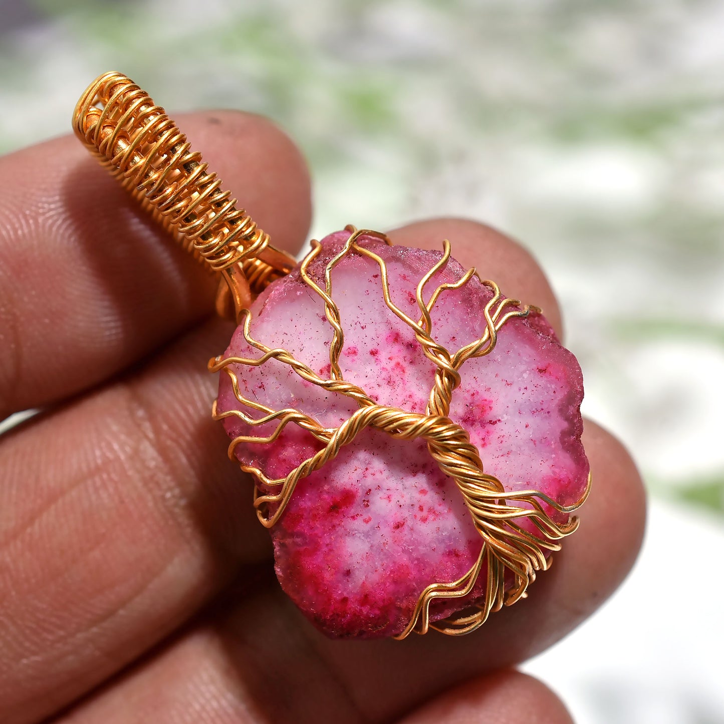 Handcrafted Solar Quartz Pendant – Golden Wire Wrapped Statement Pink Gemstone Jewelry(20x40x6mm,/41ct)