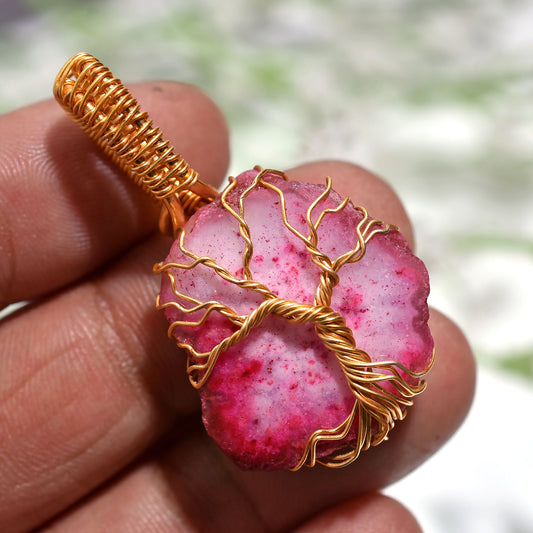 Handcrafted Solar Quartz Pendant – Golden Wire Wrapped Statement Pink Gemstone Jewelry(20x40x6mm,/41ct)