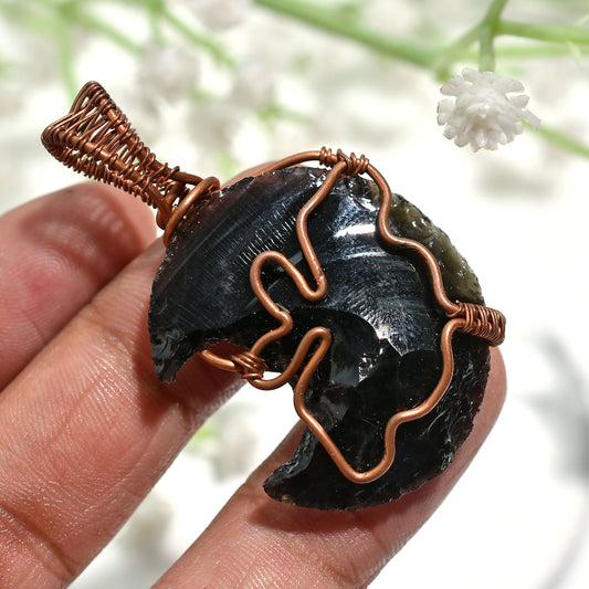 Elegant Black Opalite Crescent Moon Gemstone Pendant Copper Wire Wrapped Crystal(25x50x5mm,/48ct)