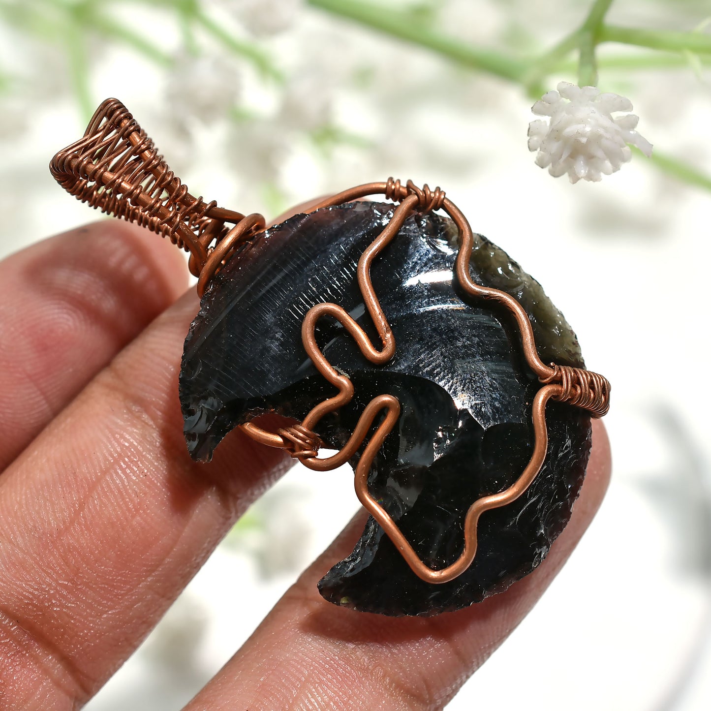 Elegant Black Opalite Crescent Moon Gemstone Pendant Copper Wire Wrapped Crystal(25x50x5mm,/48ct)