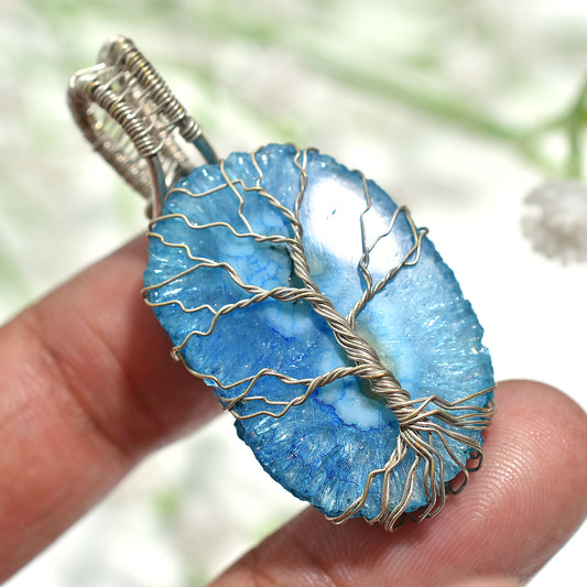 Handcrafted Blue Solar Quartz Pendant – Silver Wire Wrapped Statement Gemstone Jewellery(21x43x5mm,/49ct)