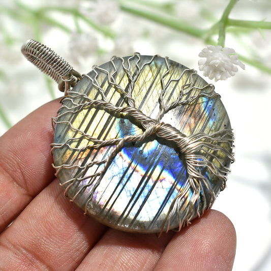 Beautiful Labradorite Silver Wire Wrapped Pendant – Round Gemstone Necklace(40x55x7mm,/116ct)