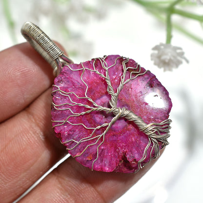 Sparkling Pink Solar Quartz Pendant – Silver Wire Wrapped Statement Gemstone Jewellery( 22x42x5mm,/52ct )