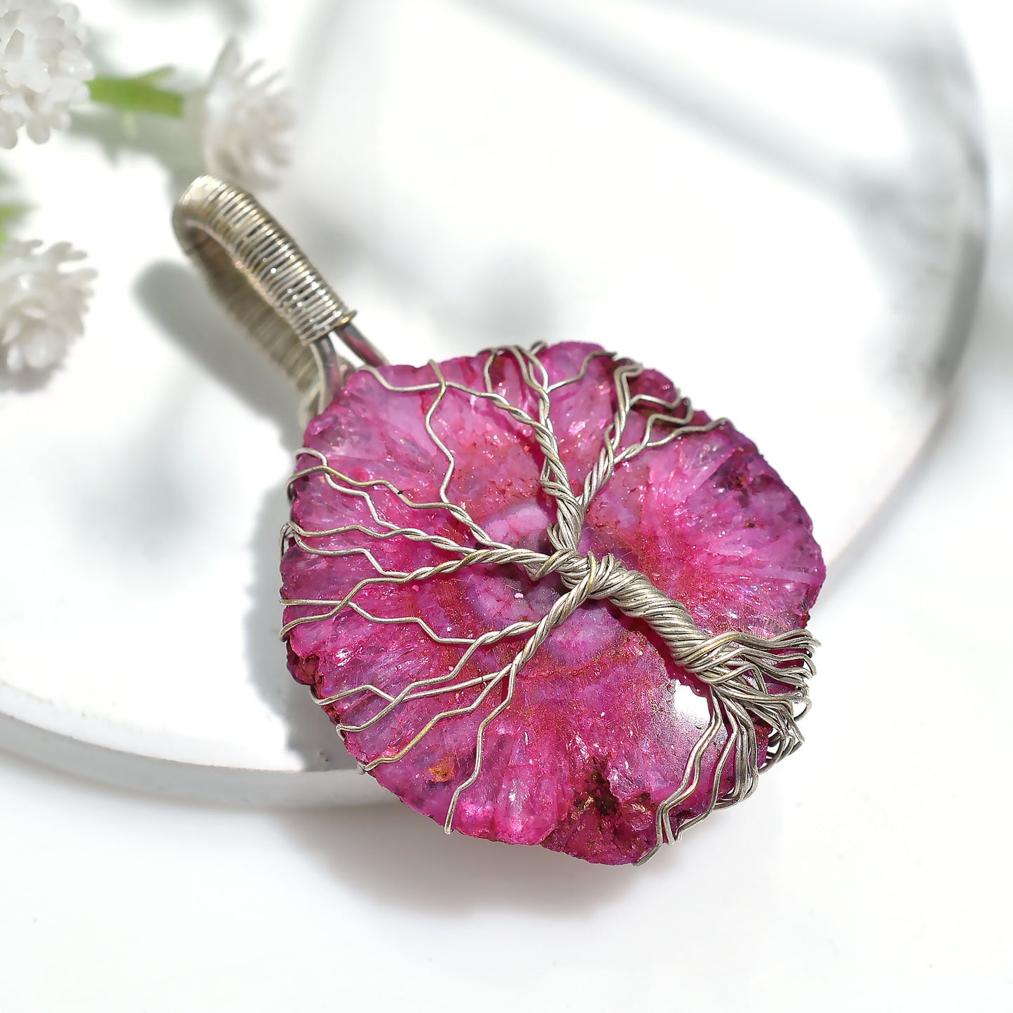 Sparkling Pink Solar Quartz Pendant – Silver Wire Wrapped Statement Gemstone Jewellery( 22x42x5mm,/52ct )