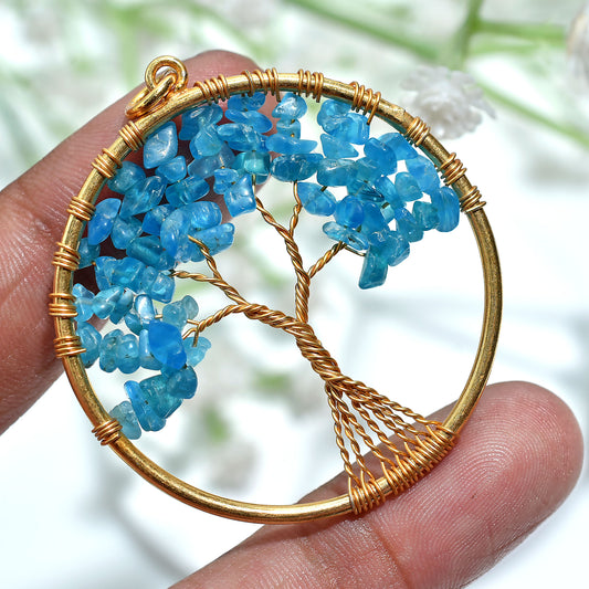 Stunning Blue Apatite Golden Wire Wrapped Pendant – Handmade Gemstone Necklace (42x50x5mm,/40ct)