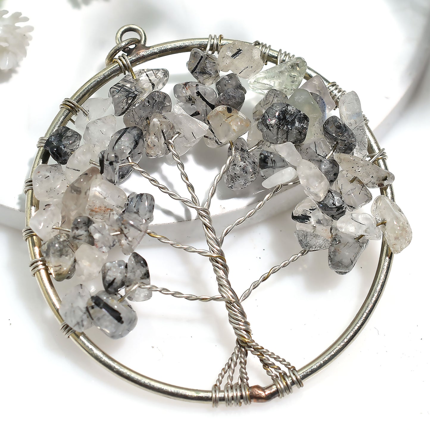 Ethereal Black Rutile Quartz Pendant – Handmade Silver Wire Wrapped Stone(42x50x5mm,/45ct)