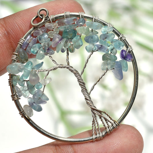 Celestial Fluorite Pendant – Handmade Wire Wrapped Stone Jewelry Gift (41x48x5mm,/37ct)