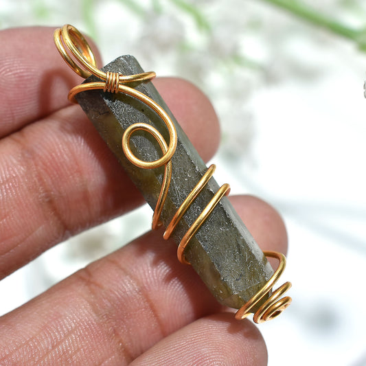 Luxury Labradorite Tower Stone – Handmade Golden Wire Wrapped Pencil Pendant 34ct