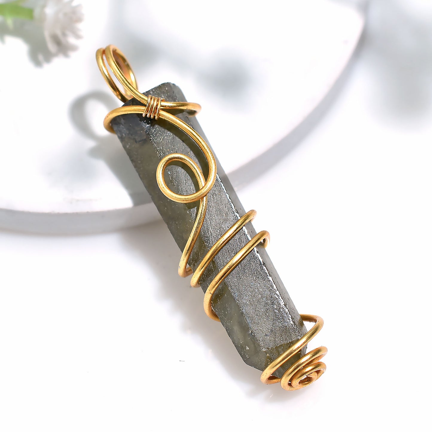 Luxury Labradorite Tower Stone – Handmade Golden Wire Wrapped Pencil Pendant 34ct