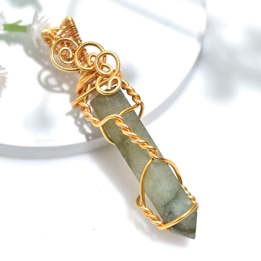 Handmade Labradorite Pencil Pendant – Golden Wire Wrapped Crystal Stone Necklace  38ct