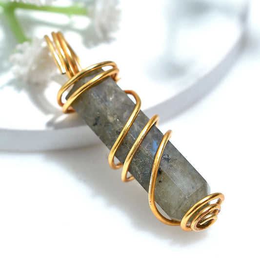 Handcrafted Flashy Labradorite Pendant – Golden Wire Wrapped Tower Stone Jewelry 30ct