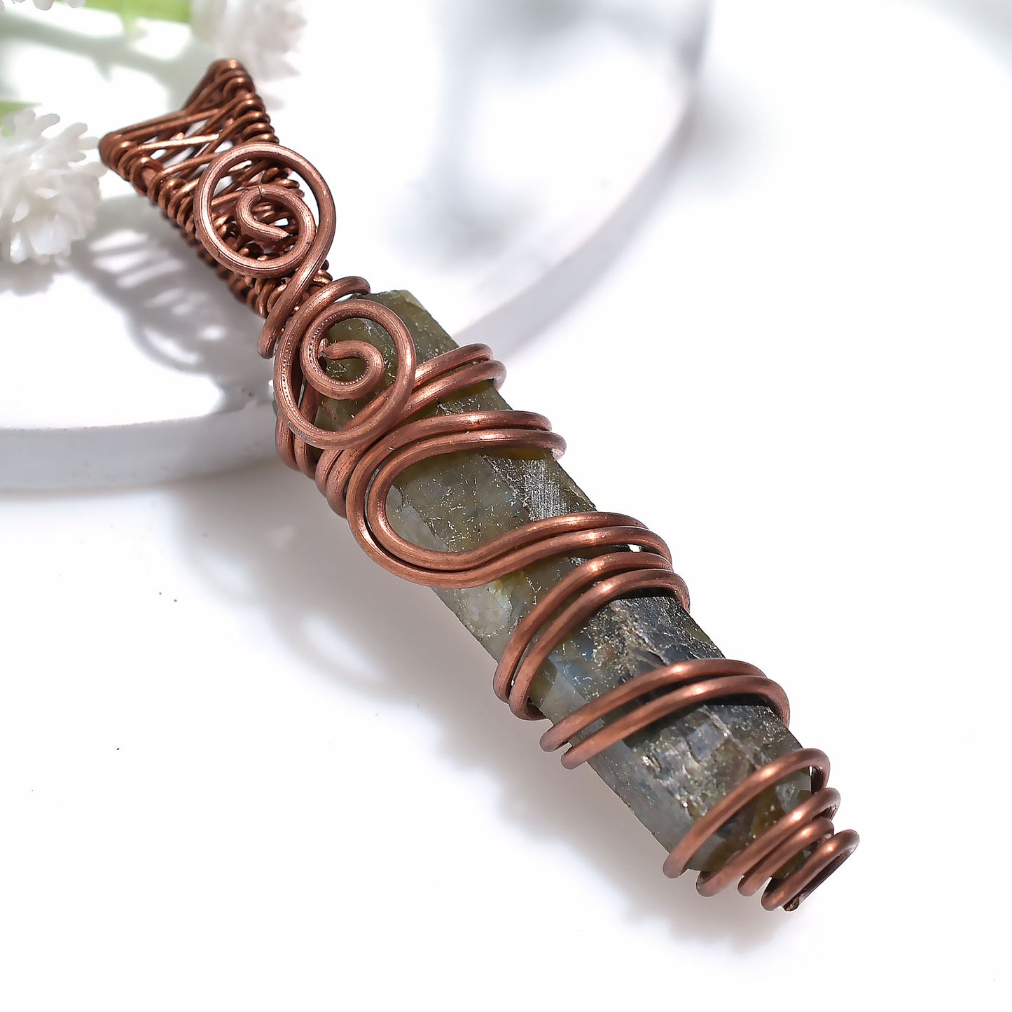 Labradorite Pencil Pendant – Mystical Blue Flash Crystal Wire Wraped Stone Jewelry43ct