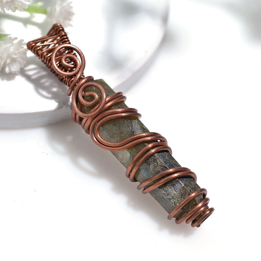 Labradorite Pencil Pendant – Mystical Blue Flash Crystal Wire Wraped Stone Jewelry43ct
